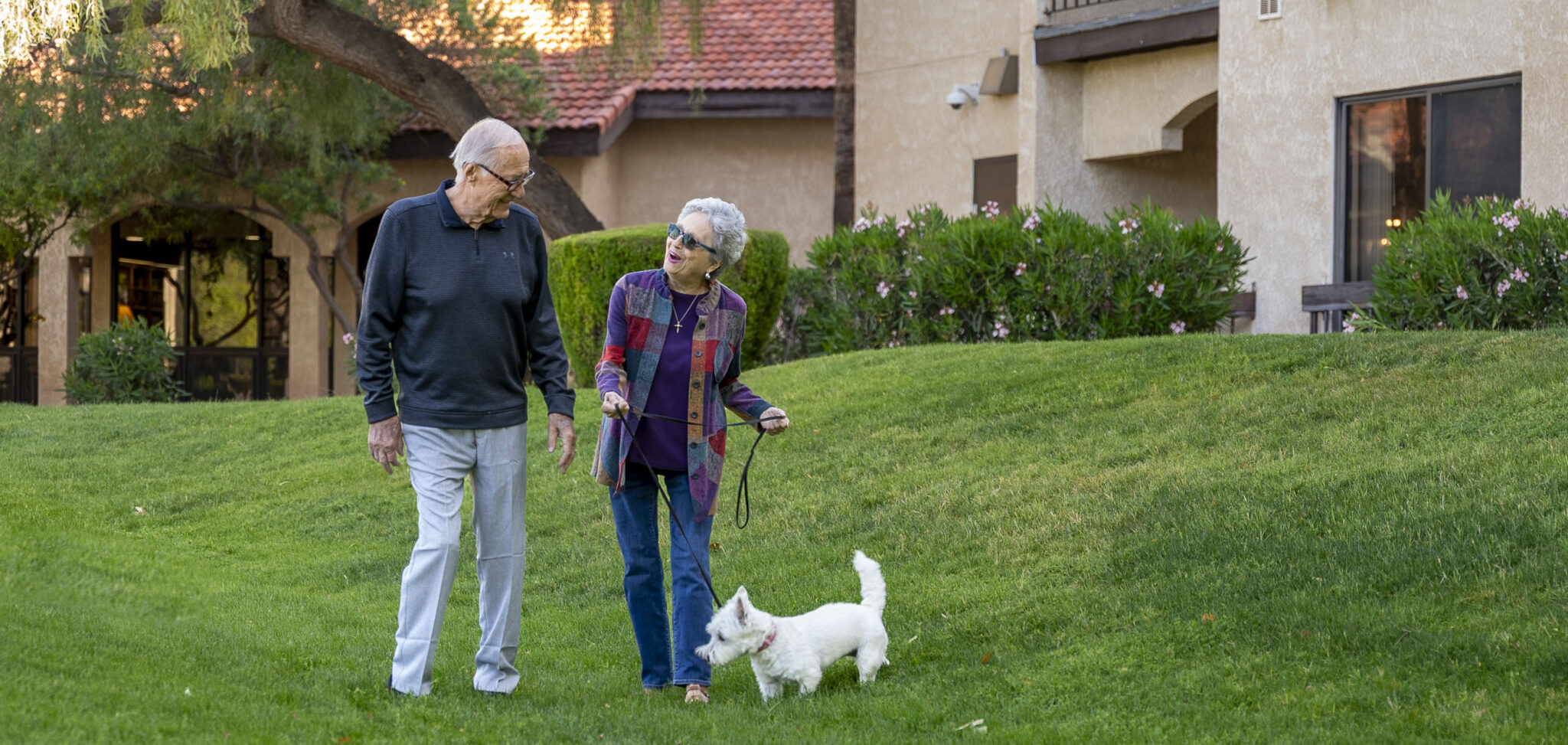 couple walking dog in community life